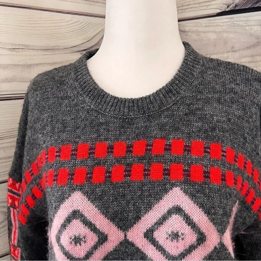 J. Crew Grey & Pink Patterned Wool Crewneck Sweater